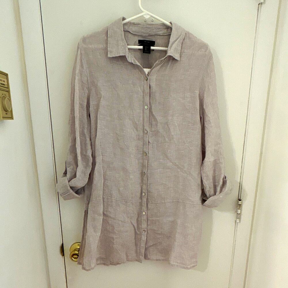 Tahari Women's 100% Linen Gray Collared Button-Up Tunic Roll Tab Sleeve L